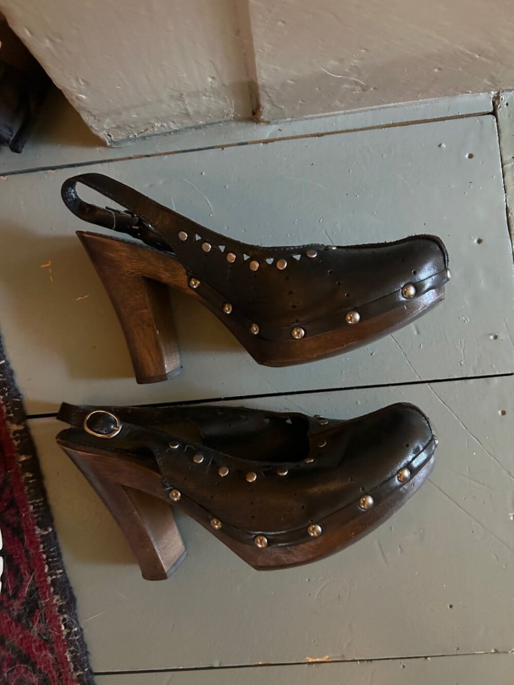 Studded black leather high heel wooden sole clogs women size 36 run large